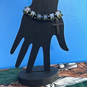 Jesus and Cross Stretch Bracelet Religious Christian Faith Jewelry Elastic Beads